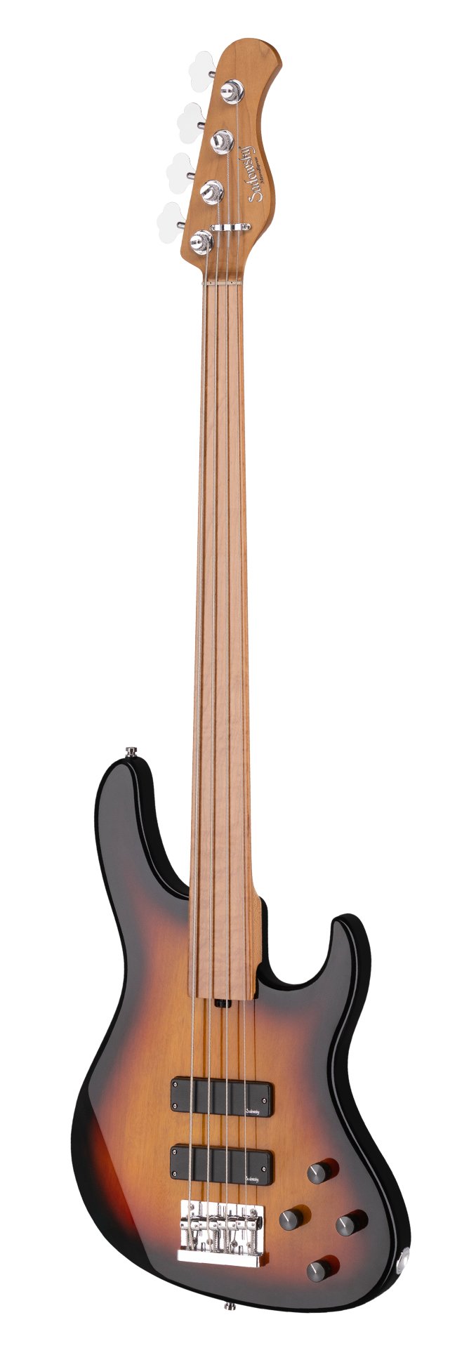 MetroExpress 24-Fret Modern Bass, 4 Fretless - Tobacco Sunburst Transparent High Polish